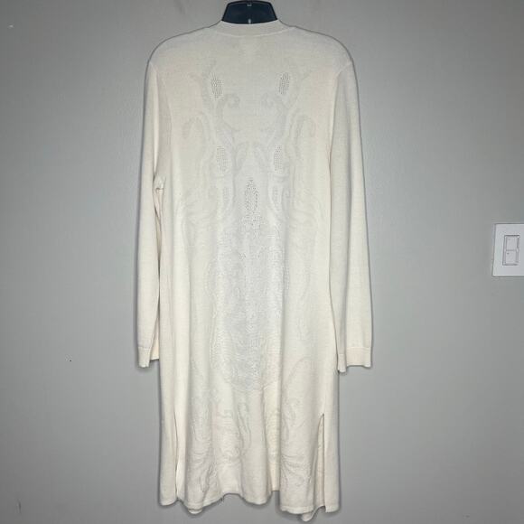 Chico's Long Line Cardigan Sweater Ivory Open Front Jacquard Knit Size 2 / Large - Picture 6 of 11